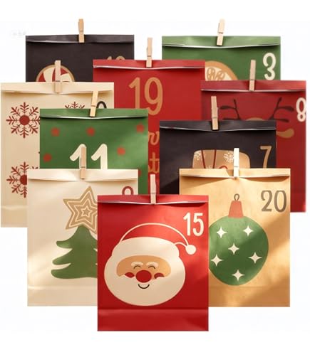 Calendrier De L'Avent DIY 24 Pochettes - Papier Kraft 18x9x5.5 Cm - Avec Autocollants Et Corde