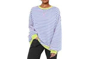 PANOZON Sudaderas Mujer Sin Capucha De para Moda Oversized Sudadera de Rayas con Bloques de Color Manga Larga Cuello Redondo Sweatshirt Jersey Holgado Informal Y2K Camisa Top
