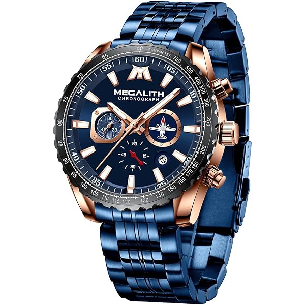 MEGALITH Herenhorloge, zilver, staal, waterdicht, chronograaf, analoog, kwarts, herenarmband, modieus, verlicht, kalender, Bruin Zilver, riem