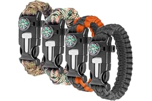 EMBER ROCK Pulsera Paracord Supervivencia paquete de 4 Pulsera con Iniciador Fuego Camping Herramienta Brújula Senderismo Silbar Canotaje