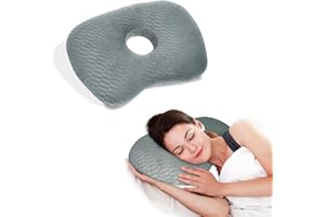 Babyezz Ear Piercing Hole Pillows Side Sleeper Pillow with an Ear Hole for CNH Side Sleepers and Ear Inflammation Pressure Sores, Adjustable Cotton and Polyester Curved Side Pillow, Gray Skew Grid