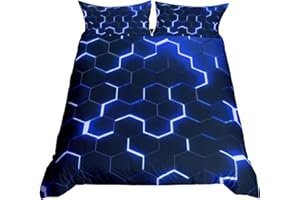 Homewish Honeycomb Comforter Cover Neon Light Geometric Bedding Set Single For Kids Boys Teens, Hexagonal Duvet Cover Soft Microfiber Quilt Cover Zipper 1 Pillow Case Blue Black Room Decor