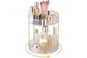 Lnueovcn 360° Rotating Makeup Organiser, Large Capacity 2 Tiers Skincare Organiser, Cosmetic Organiser Makeup Brush Holder with Compartment for Cosmetics Perfume Jewellery Bedroom (Transparent)