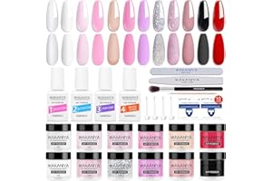 WAKANIYA Kit de démarrage de poudre à ongles, 12 couleurs, blanc clair, nude, avec couche de base, activateur et pinceaux de manucure, kit de démarrage pour la maison et le salon