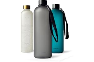 MAMEIDO Bottiglia acqua 1,5 litri, Borraccia plastica tritan a tenuta stagna, senza BPA, bottiglia motivazionale con orario (Carbon Grey)