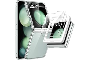 JETech 3 in 1 Hülle für Samsung Galaxy Z Flip 5 mit 2 Stück Gehärtete Glas Front Schutzfolie, Kristallklar Hart PC Shell Schutzhülle (Durchsichtig)