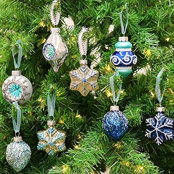 Valery Madelyn Coastal Christmas Ornaments Set – 8-Piece Light Blue & Silver Blown Glass Beach Decor For Summer, July, Or Holiday Trees