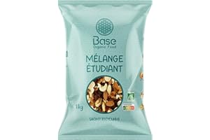Mélange Étudiant Bio 1kg | Mélange de fruits secs bio 1kg | Raisin, Amande, Amande Blanchie, Noix du Brésil, Noix de Cajou | Crues, non salées | Sans OGM | Végétarien et Végétalien | BASE ORGANIC FOOD