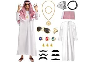Ulikey Costume de Cheikh Arabe pour Homme, Costume Le Cheik, Deguisement Arabe Homme, Djellaba Homme avec Doigt Bague Colliers Lunettes de soleil Foulard pour Carnaval, Fêtes, Cosplay