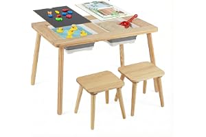 COSTWAY 6-i-1 barnlekbord, sensoriskt bord med dubbelsidig bordsskiva och 2 vikbara behållare, Montessori barnbord med 2 stolar, vatten- och sandbord för barn från 3 år (kvadrat)