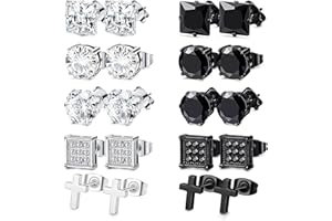 INPION 10 Pairs Men's Black Earrings, Stainless Steel Black Stud Earrings Square Diamond Stud Earrings Zirconia Earrings Set for Men Boys Gift for Birthday Father's Day Christmas