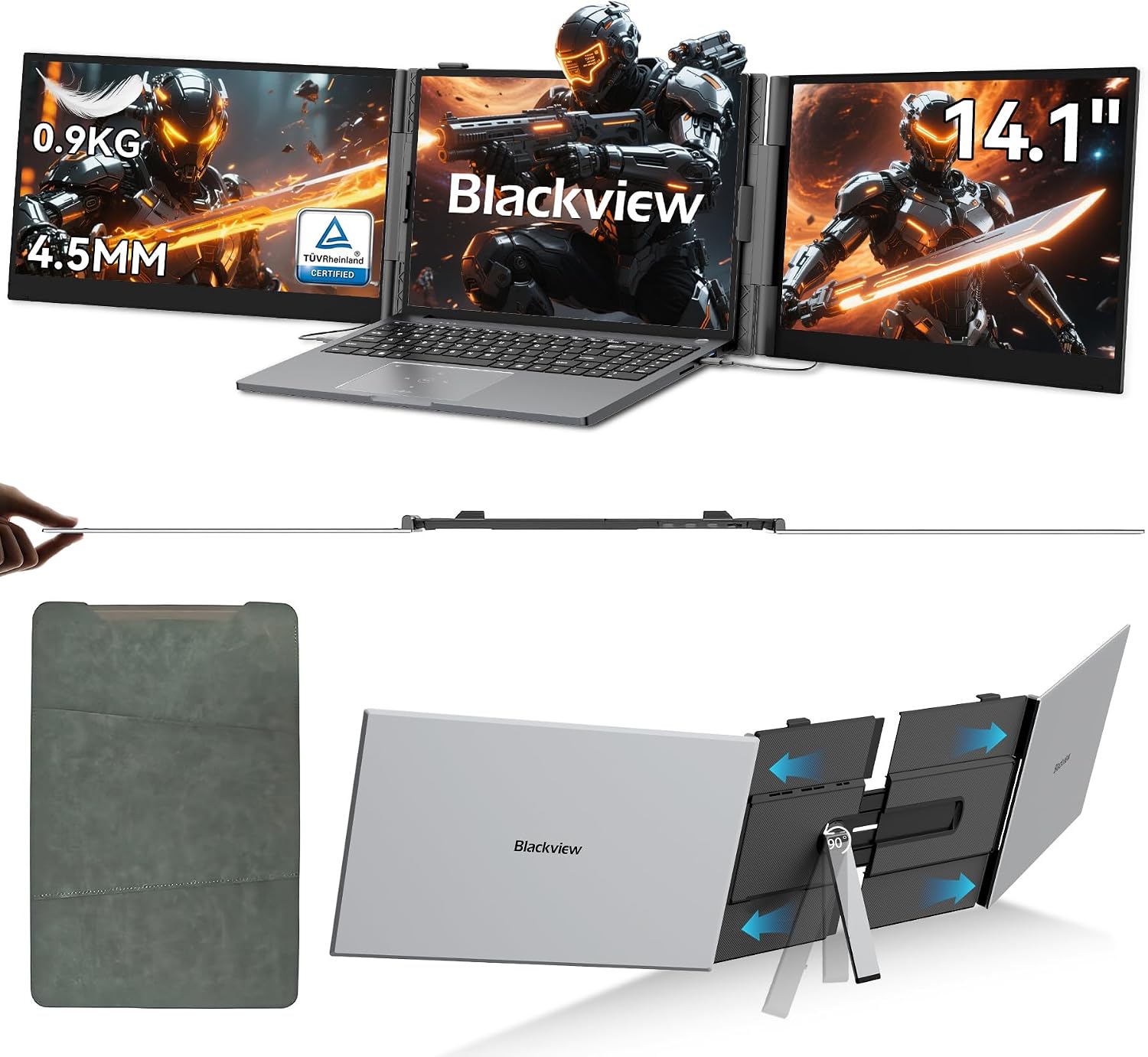 Blackview Monitor Portátil Triple Ultradelgado,14" FHD 1080P IPS Extensor Pantalla Portátil Ordenador con Soporte,Certificación TÜV Luz Azul Baja,con 13"-17.3" Windows/Mac/Chrome/Switch/PS5