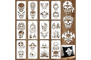 GOMAKERER 12 Sheets Skeleton Flame Painting Stencils, 24 Styles Halloween Skull Drawing Templates Reusable Border Stencil for Painting on Wall Wood Home Decor