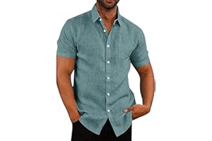 APOONABA Camisa Hombre Manga Corta Camisa Verano Casual Coton Shirts Clásico Color Sólido Camisa con Bolsillo