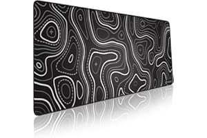 PIXIECUBE Tapis de Souris Minimaliste avec Motif Carte Topographique - Étendu Grand Tapis de Bureau de Jeu XL Antidérapant à Bord Cousu avec Contour Noir et Blanc