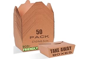 HURUC Kraft Paper Takeaway Boxes 337 GSM – 100% Compostable, Eco-Friendly Food Containers for Takeout & Meal Prep, Disposable and Recyclable Packaging for Restaurants & Cafes (Pack of 50-1420ml)