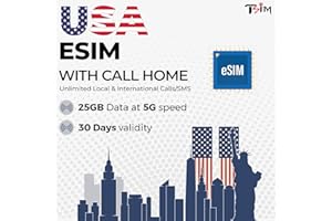 TSIM eSIM de Estados Unidos: datos 5G de 25 GB | Llamadas/mensajes de texto locales e internacionales ilimitados | Punto de acceso permitido | Plan prepago de 30 días | Obtén eSIM el mismo día