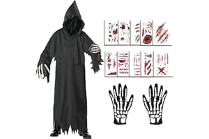 BINXWA Halloween Kostüm Herren,Gewand Des Sensenmanns mit Maskenhandschuhen Halloween Kostüm Erwachsene Unisex Halloween Rollenspiel,Mit 10 Halloween Tattoo Gesicht
