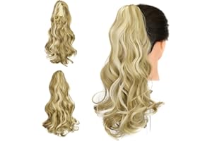 Gairyan Extensión de Cola Coleta Postiza Pelo Natural Sintético Postiza Extensiones Moño Postizo Extensiones Más Suave Aspecto Real Rizado 18" - Rubio arenoso&Blanqueador rubia