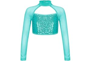 inhzoy Enfant Fille Tank Top Paillettes Brillantes Haut Court Danse Gymnastique Brassière Sport Yoga Manches Longues T-Shirt Danse Ballet Spectacle Danseuse Chemise