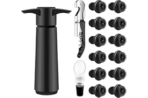 AUROAY Kit de 15 Piezas para Vino: Bomba de Vacío, 12 Tapones, Vertedor y Sacacorchos en ABS Negro - Mantén el Vino Fresco y Sabroso! Reutilizable + Regalo Ideal