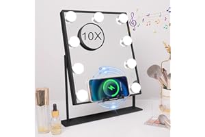 ‎HANSONG Hansong Schminkspiegel mit Beleuchtung, Lautsprecher Hollywood Spiegel mit Beleuchtung und kabelloser Aufladung, 9 LED-Birnen, beleuchteter Schminkspiegel, 10-fache Vergrößerung