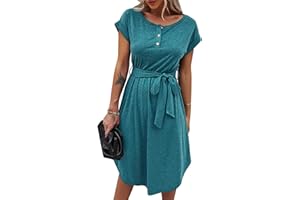 Bequemer Laden Damen Sommer Kleid Knopfleiste Kurzarm Midi Kleider Elegant Sommerkleid Businesskleid mit Taille Krawatte