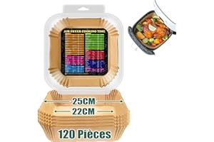 Papier Cuisson Air Fryer Carré 25cm, 120 Pièces Friteuse à Air Papier Sulfurisé，Air Fryer Feuilles de Papier pour Friteuse à Air Four Cuiseur Vapeur Four Micro-Onde