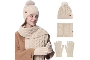 Oneshlee Bonnet d'hiver - Gants tactiles et écharpe longue - Pour femme - Avec balle en peluche - Chaud - Gants tricotés - Écharpe - 3 en 1 - Cadeau pour femme