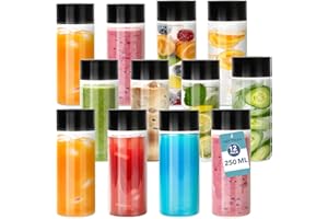 HEFTMAN Botellas de jugo de plástico con tapas, paquete de 12 botellas sensoriales vacías de 250 ml con tapas negras de rosca, botella de plástico transparente PET apta para alimentos para agua, café