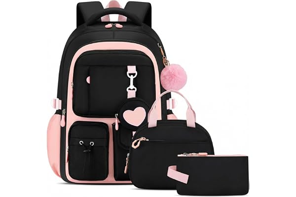 Amythe skolväska flicka set 4 delar 3. - 7. Klass för skola resor, Svartrosa, 30 x 17 x 45 cm, Ryggsäck Ryggsäckar