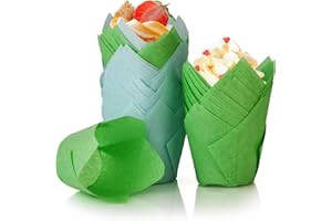 Spesh 100 moldes de papel para magdalenas en forma de tulipán para cupcakes, vasos desechables para bodas, cumpleaños, fiestas de Pascua, reuniones familiares (azul y verde)