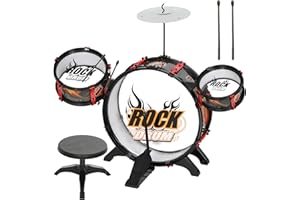 AIYAPLAY Batería Infantil con Taburete, Batería para Niños de +3 Años, con Tambores, Bombo, Platillo y Baquetas, para Principiantes, 59,5x31,5x59 cm, Negro