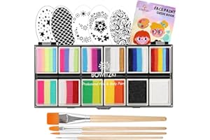 Bowitzki 12x10 gm Face Paint Professional Face Painting Kit For Kids Adults with Stencil One Stroke Split Cake Non Toxic Rainbow Flora Dolphin Unicorn Flame Body Paint Makeup - Brigth Set