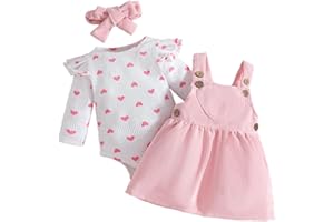 LUVCES Neonata Bambina Gonne Set Autunno Manica Lunga con Cuore Top + Velluto a Coste con Bretelle Abito+ Fascia per Capelli Abiti 3Pcs San Valentino Completo