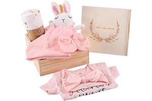 Baby Mädchen Geschenk, Neugeborenen Geschenk, Rodelna Baby Geschenk Set, 7-in-1 Set: einschließlich Strampler,Decke, Sicherheitsdecke, Baby-Mütze, Baby-Handschuhe, Schleife, Souvenir-Box