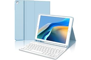 SENGBIRCH Teclado iPad 9 generación - Funda con Español Teclado Bluetooth Desmontable para iPad 10.2/iPad Air 3 /iPad Pro 10.5, iPad 9ª Gen 2021/8ª Gen 2020/7ª Gen 2019 (10,2 Pulgadas) Azul Claro