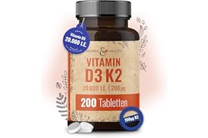 ‎CDF SPORTS & HEALTH SOLUTIONS Vitamin D3 K2 Tabletten -200 Tabletten - Vitamin D Hochdosiert 20000 IE + 200µg Vitamin K2-Mk7 - D3 K2 Depot - Vegetarisch - Hochdosiert
