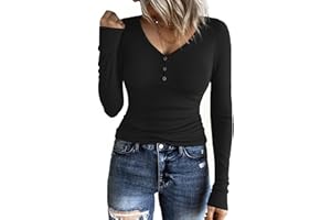 Aottori Womens Long Sleeve Tops V Neck Ribbed Knit Shirts Ladies Button Down Slim Fitted Jumpers Sexy Basic Casual Pullover Tunic Top UK