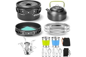 Odoland Camping Cookware Set Non-Stick Pot and Pan Set with Kettle, Stainless Steel Utensils Mess Kit, Cups Plates Knives Spoons Forks for Outdoor Cooking