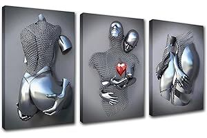 WALARKY Décoration de salle de bain sur toile 3D - Décoration murale abstraite - Art moderne - Cœur d'amour - 3 pièces - Gris - Cadeau de Saint-Valentin, chambre à coucher, salon, mur Anniversaire de mariage