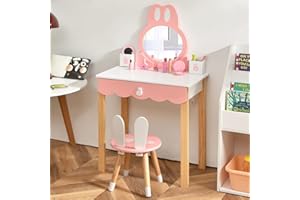 Maxmass Kids Dressing Table and Stool, 2-in-1 Vanity Table with Detachable Mirror, Large Drawer and 2 Storage Boxes, Girls Makeup Desk & Chair Set for Children Toddlers (White)