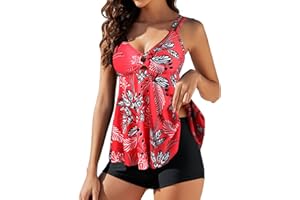 Genfien Damskie 2-częściowe stroje kąpielowe tankini, podwójne paski na ramiona, top z nadrukiem, z szortami, strój kąpielowy