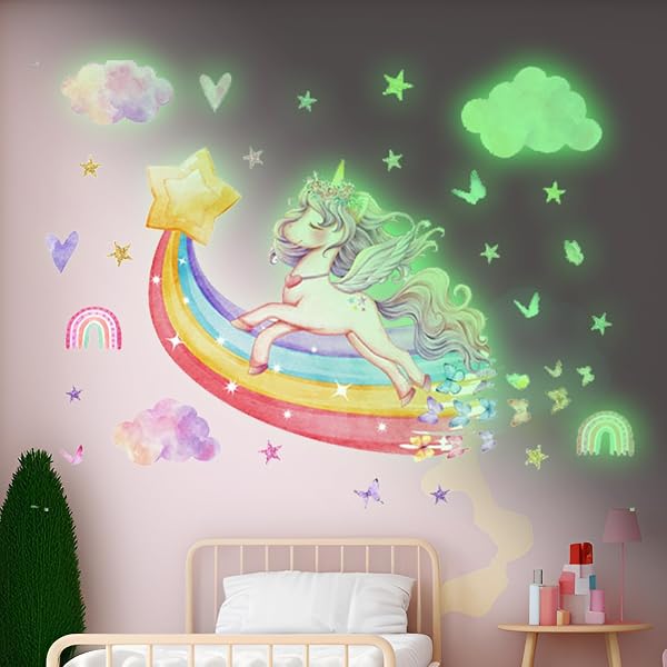 Autocollants Phosphorescents Licorne Et Étoiles - Déco Chambre Enfant Fluorescente 36x28cm
