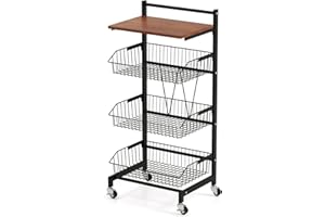 KOMFOTTEU Carro de Verduras y Frutas con Ruedas, Cesta Móvil de Frutas con Tapa de Madera, Carrito Auxiliar con Marco de Metal y Cestas Extraíbles de Malla (3 Cestas, 40 x 31 x 88 cm)