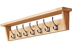 FOX AND GRAIN Fox & Grain Wall Mounted Solid Oak Coat Rack with Storage Shelf - 7 Hooks