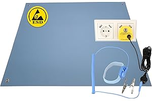 Minadax 60 x 50 cm, antistatico, ESD, tappetino da tavolo, resistente alla saldatura, con manicotto + prolunga di 2,4 m + spina di terra ESD
