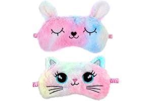 WY LIGHTING LEVEL Lot de 2 masques en peluche doux pour les yeux - Masque de sommeil confortable en forme d'animal mignon - Masque de nuit en satin pour femme et homme - Cadeau (multicolore, style chat et lapin)