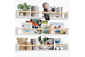 BAKAJI Zestaw 3 drewnianych półek ściennych, wielofunkcyjne półki ścienne i pasek ochronny, regał do sypialni, salonu, kuchni, regał oszczędzający miejsce 3 x 60 cm (biały dąb)