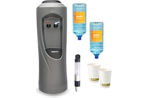 Hydrate Direct Core Water Cooler Package 2 | Water Dispenser Plus 2 x 15L Bottles of Natural Mineral Water, 1000 x Bio Cups and Cup Dispenser - Hot & Chilled Temperature, Grey/Black